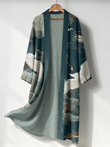 Japanese Crane Lino Art Flowy Long Linen Kimono