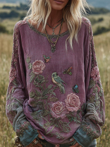 Women's Bohemian Floral And Bird Pattern Linen Crew Neck T-shirt