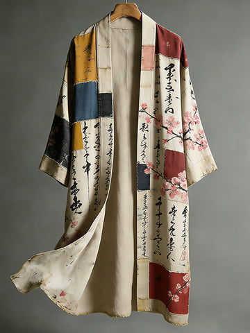 Retro Japanese Patchwork Art Cherry Blossom Linen Long Kimono