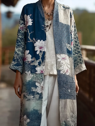 Japanese Art Retro Color Block Design Long Sleeve Cardigan