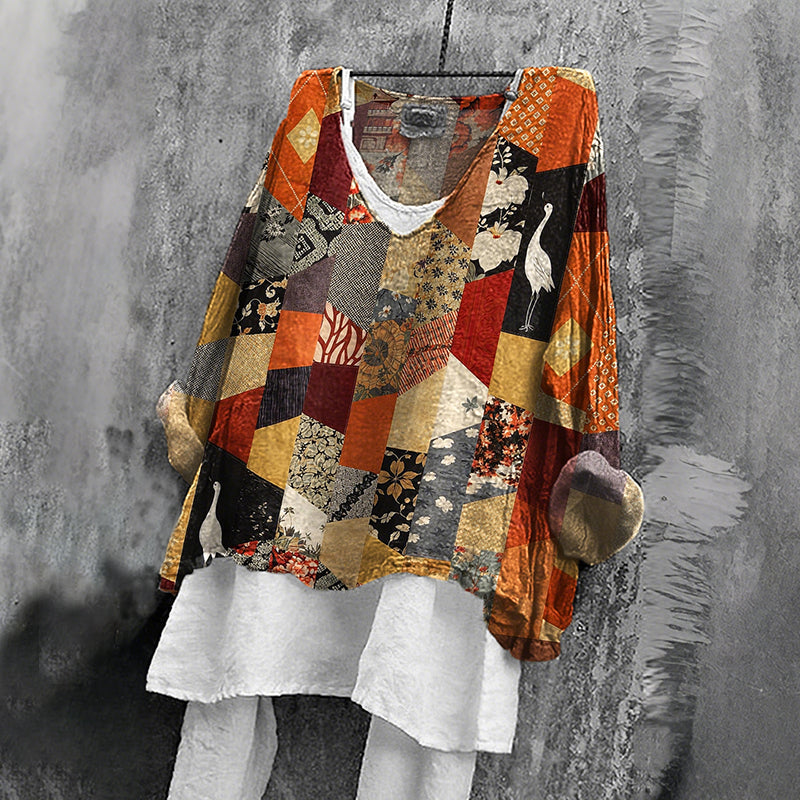 Women's Retro Japanese Patchwork Art V-neck T-shirt