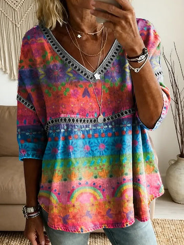 Women's Retro Ethnicity Colorful Stripes Flowers Print Linen Blend Casual T-shirt