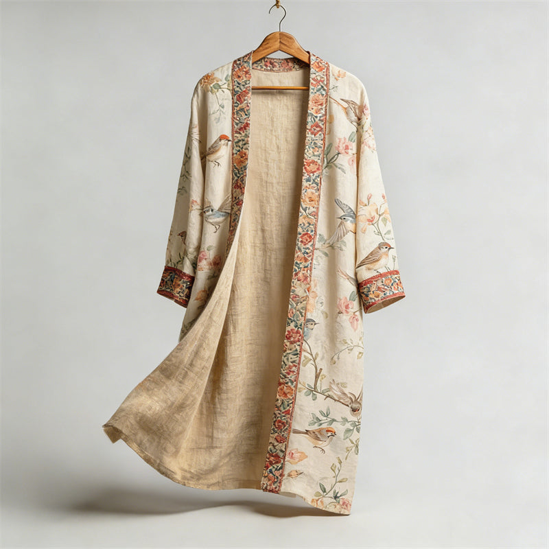 Classy Boho Birds Floral Flowy Linen Long Kimono