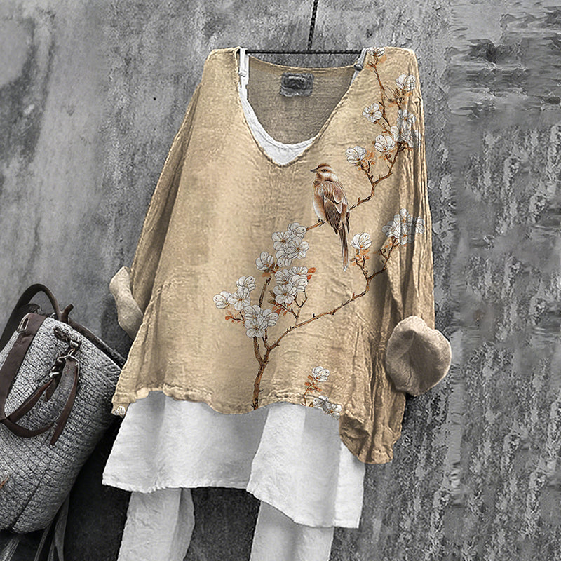 Women's Japanese Floral & Birds Art V-neck Linen Blend T-shirt