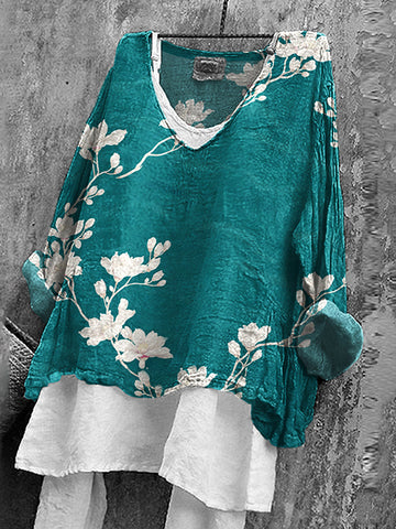 Women's Japanese Floral Art V-neck Linen Blend T-shirt