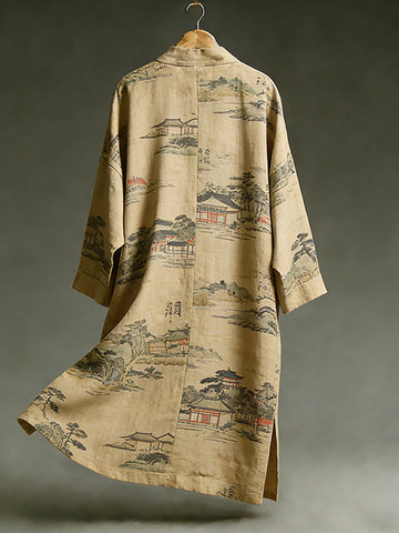 Men's Retro Landscape Art Linen Long Kimono