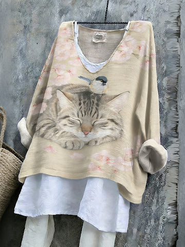 Women's Cute Cat With Cherry Blossoms Ink Art V-neck Linen Blend T-shirt