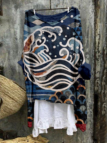 Vintage Japanese Inspired Patchwork Art Linen Tunic