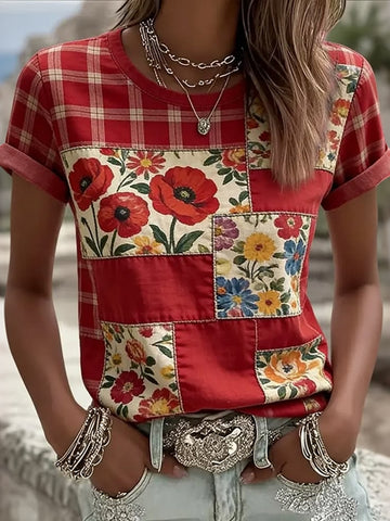 Women's Retro Plaid With Floral Patchwork Art Print Casual Short-sleeve V-neck T-shirt