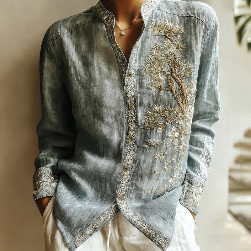 Women's Retro Japanese Pine Tree Art Pattern Casual Linen Shirt