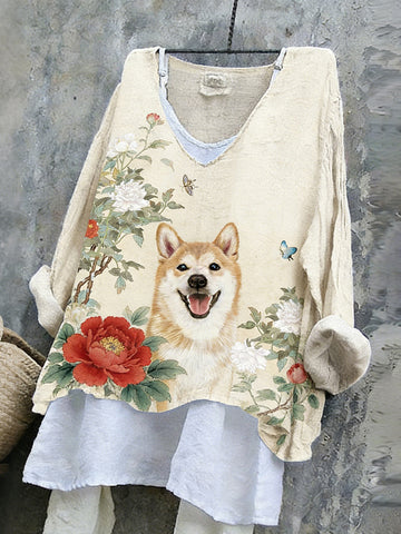 Women's Cute Shiba Inu With Floral Ink Art V-neck Linen Blend T-shirt
