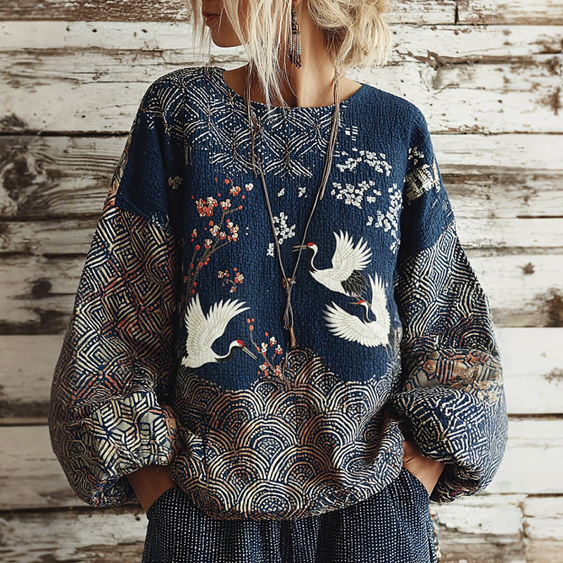 Japanese Waves And Cranes Art Pattern Linen Round-neck Shirt