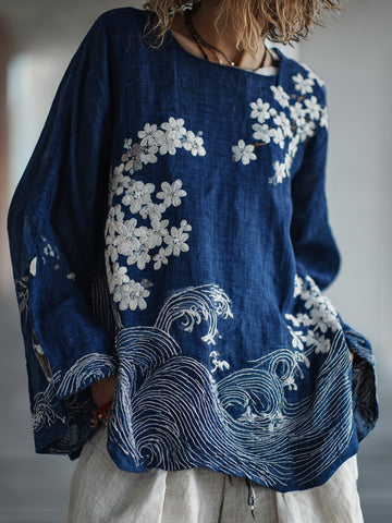 Women's Japanese Waves Cherry Blossoms Pattern Comfortable Top
