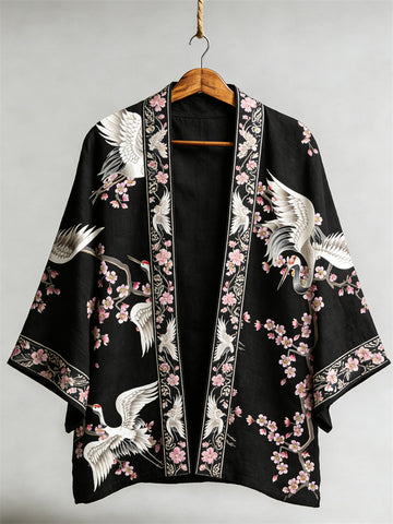Japanese Cranes & Cherry Blossom Linen Kimono