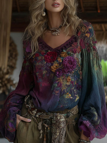 Women's Vintage Vacation Boho Floral Print V-neck Linen Blend Long Sleeve Tops
