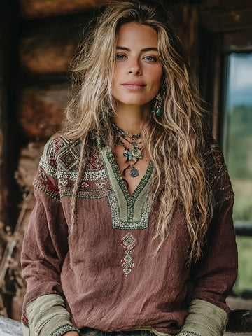 Women's Vacation Boho Tribal Ethnic Patterns Print V-neck Linen Blend Tops