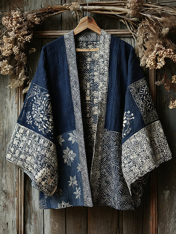 Retro Japanese Traditional Sashiko With Sakura Art Print Cotton And Linen Blend Kimono Cardigan