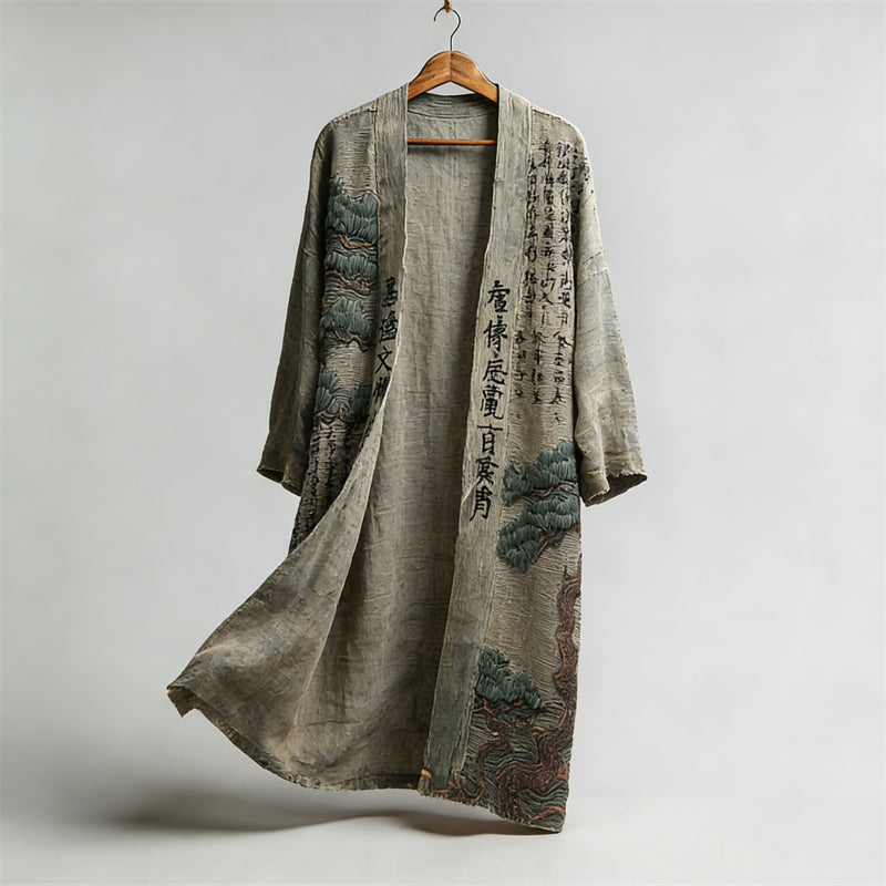 Japanese Pine Trees Calligraphy Art Linen Long Kimono