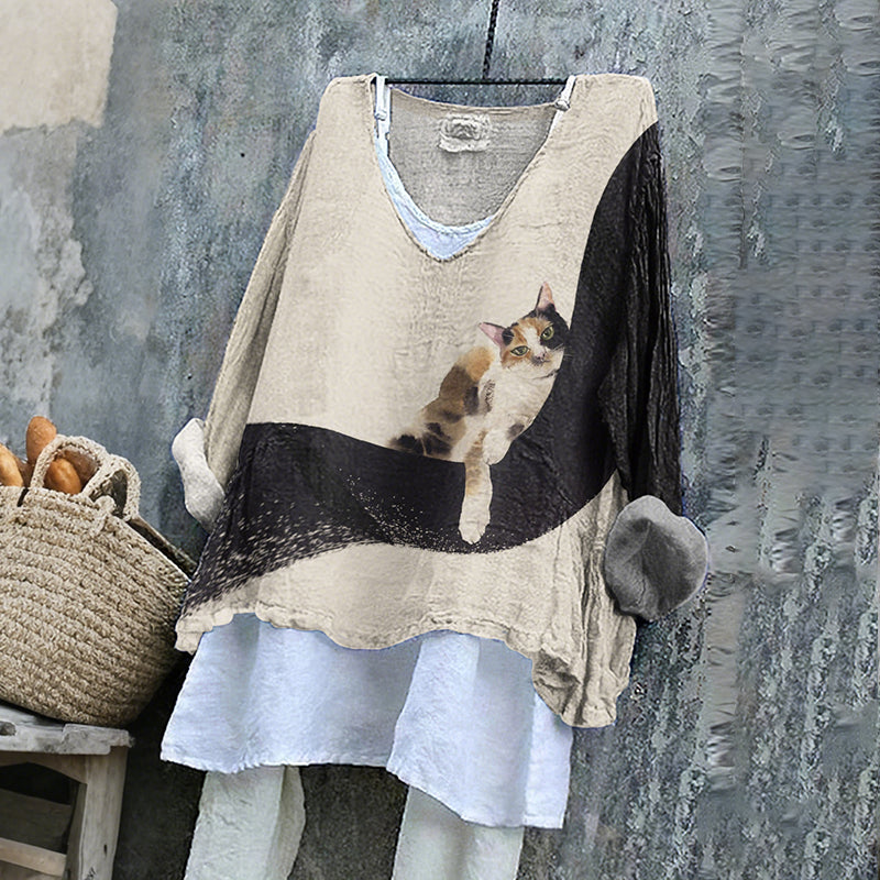 Women's Cute Cat With Abstract Ink Lines Art V-neck Linen Blend T-shirt