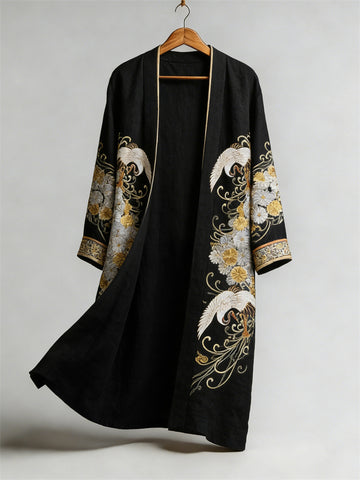 Japanese Cranes & Chrysanthemum Floral Flowy Linen Long Kimono