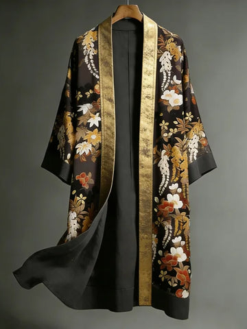 Japanese Romantic Floral Art Linen Long Kimono