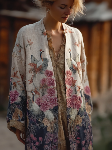 Japanese Art Retro Style Plant Flower And Crane Pattern Women's Cotton And Linen Cardigan