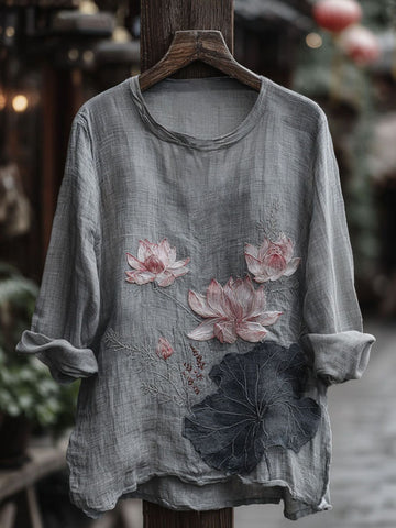 Women's Retro Lotus Pattern Linen Blend Long-sleeve T-shirt