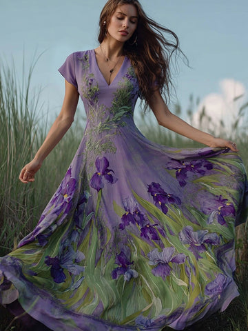 Vintage Iris Flowers Art V Neck Flowy Linen Maxi Dress