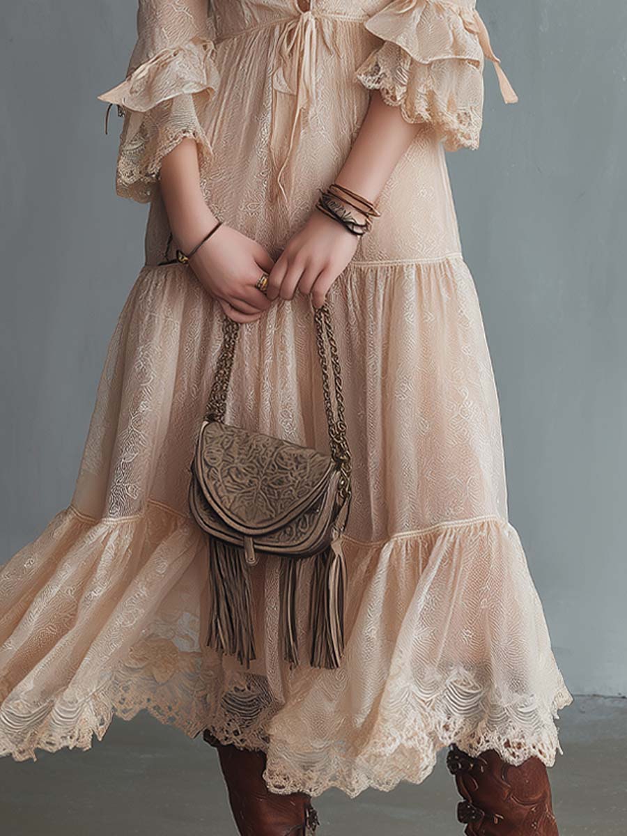 Romantic Boho Lace Flared Midi Dress