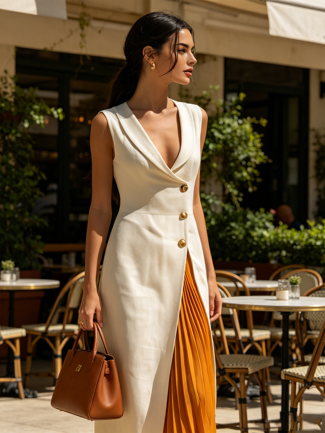 White Sleeveless Blazer Dress With Mustard Pleated Slit
