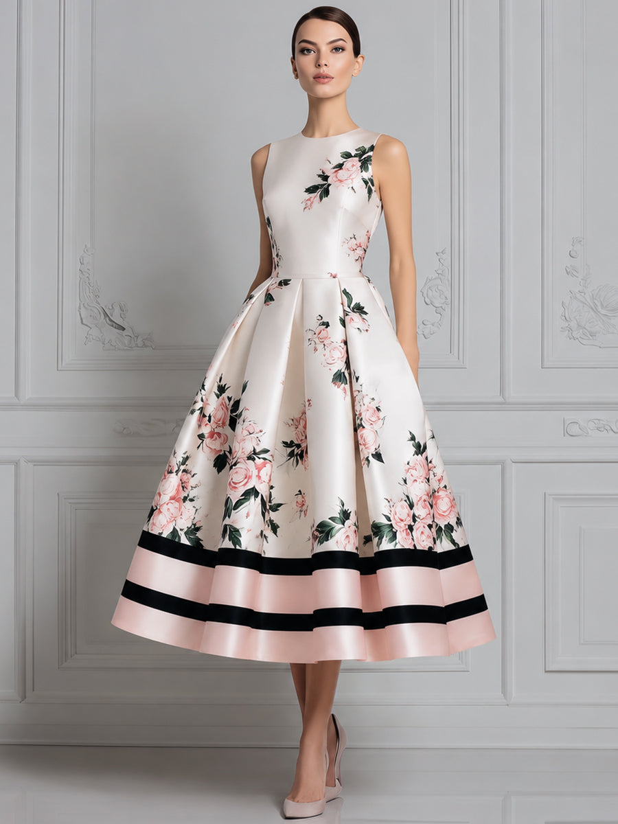 Sleeveless Round Neck Floral Print Pleated A-Line Midi Dress