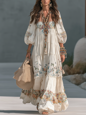 Ivory Bohemian Print Puff Sleeve Maxi Dress