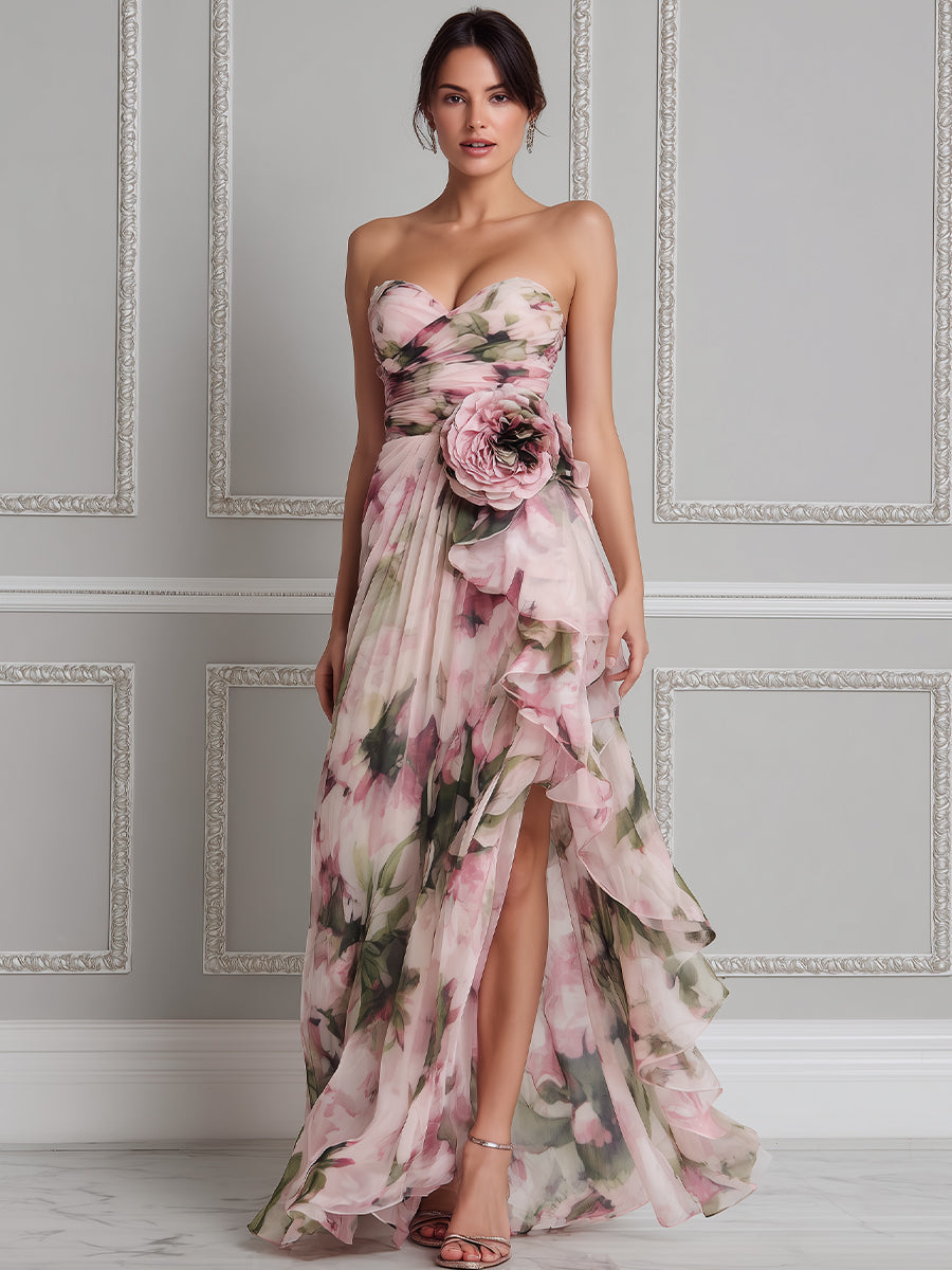 Watercolor Floral Strapless Ruffle High-Low Maxi Dress