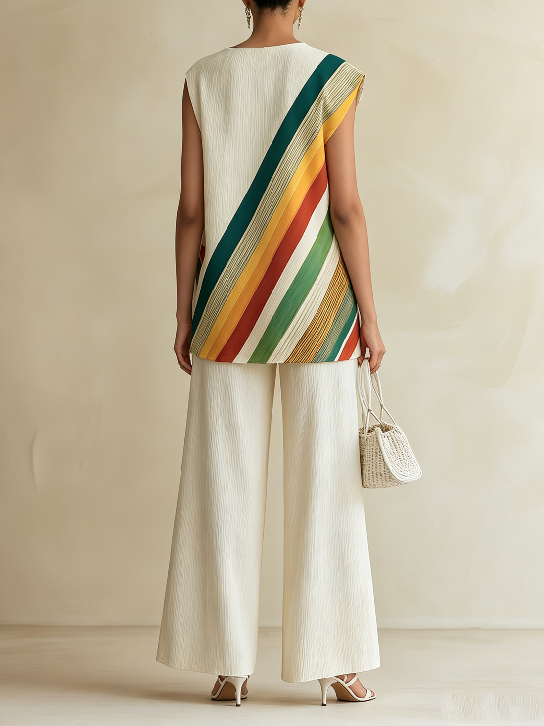 Pleated Diagonal Rainbow Stripe Sleeveless Top & Wide-Leg Pants Set