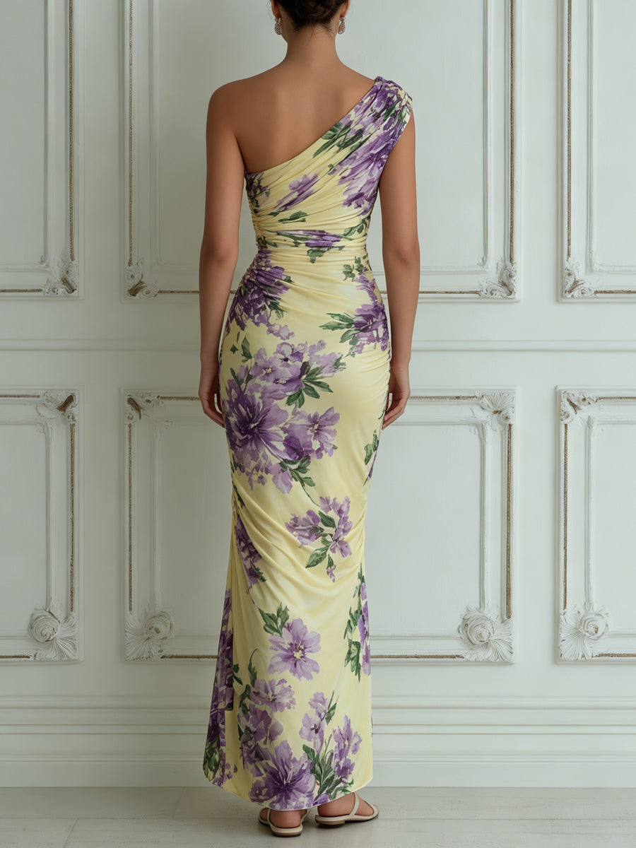 Yellow Purple Floral One-Shoulder Ruched Maxi Dress