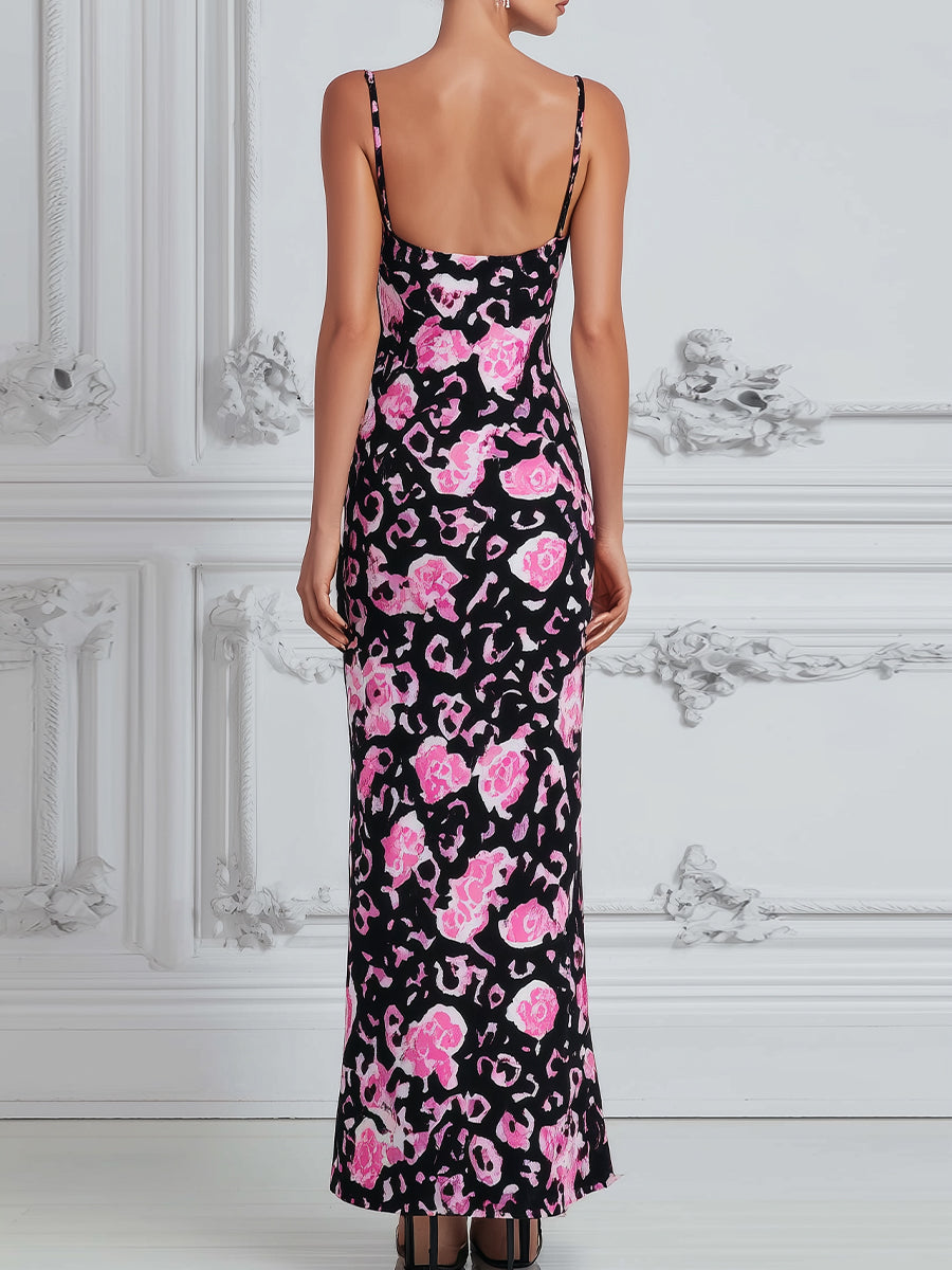 Square-Neck Floral Leopard Print Bodycon Maxi Dress