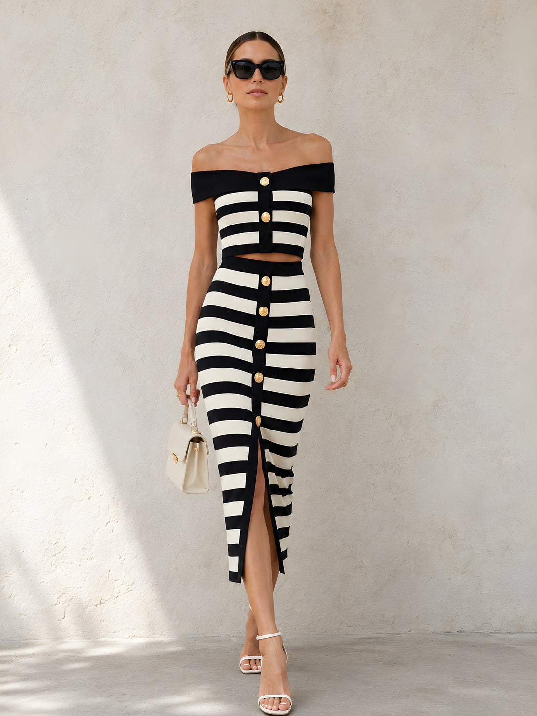 Off-Shoulder Striped Crop Top & Button-Front Midi Skirt Set