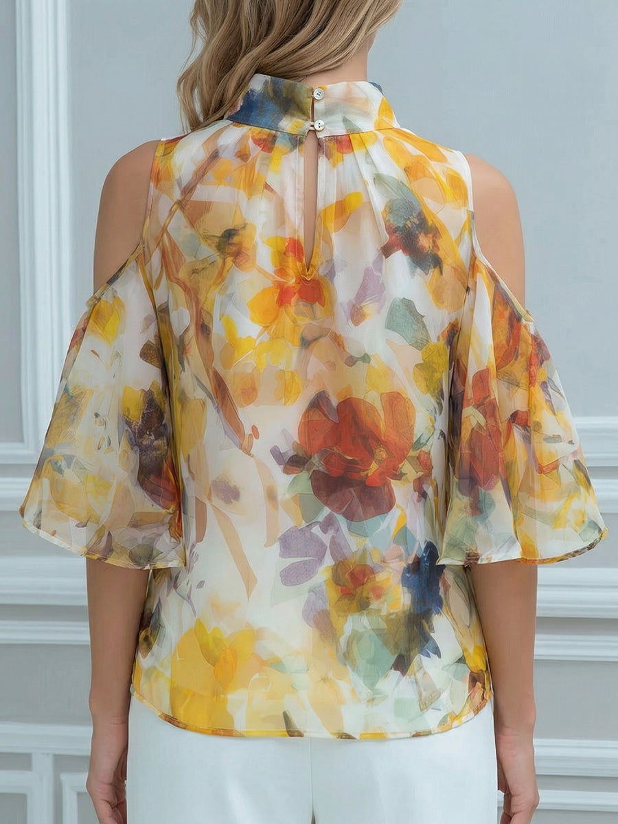 High Neck Floral Cold-Shoulder Chiffon Blouse