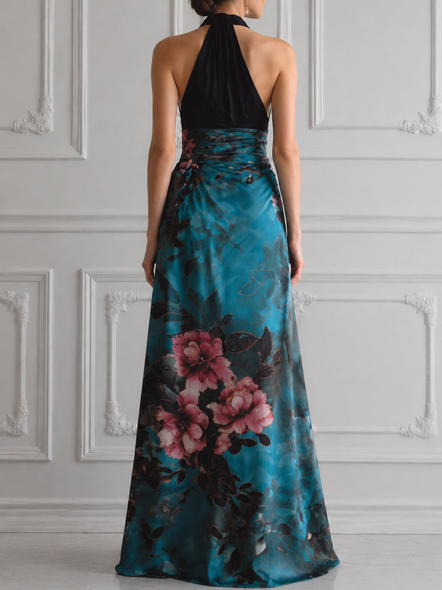 Halter Deep V-Neck Floral Print High Slit Maxi Dress