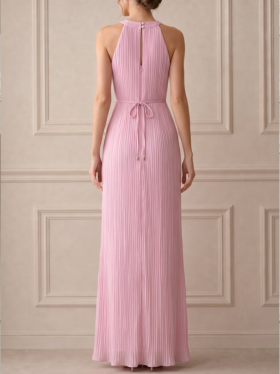 Pleated High Neck Ruffle Hem Slit Maxi Dress