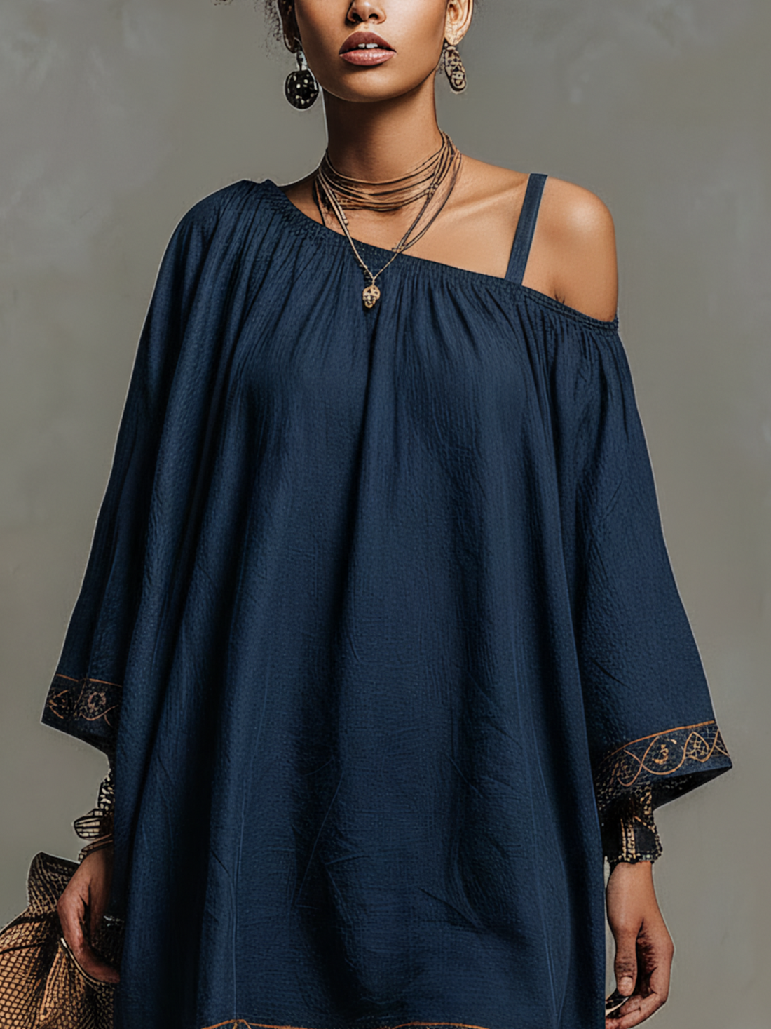 Navy One Shoulder Cotton Linen Mini Dress With Vintage Trim