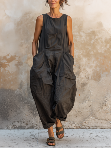Dark Gray Cotton Sleeveless Oversized Harem Jumpsuit