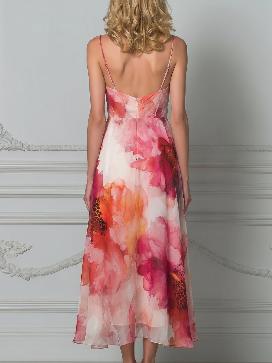 Spaghetti Strap Floral A-Line Midi Dress