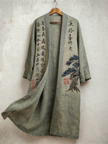 Japanese Pine Tree Calligraphy Art Linen Long Kimono