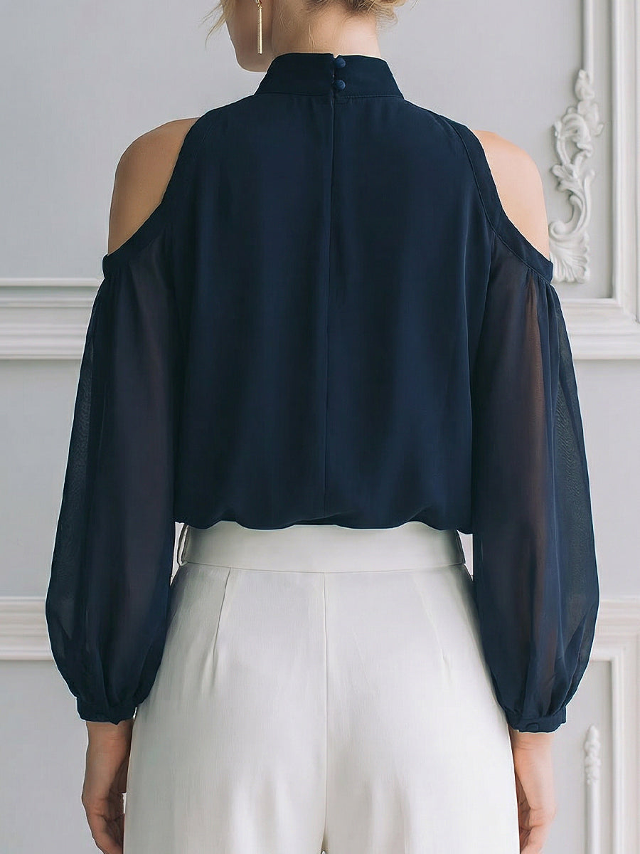 Embroidered High Neck Cold-Shoulder Sheer Sleeve Blouse