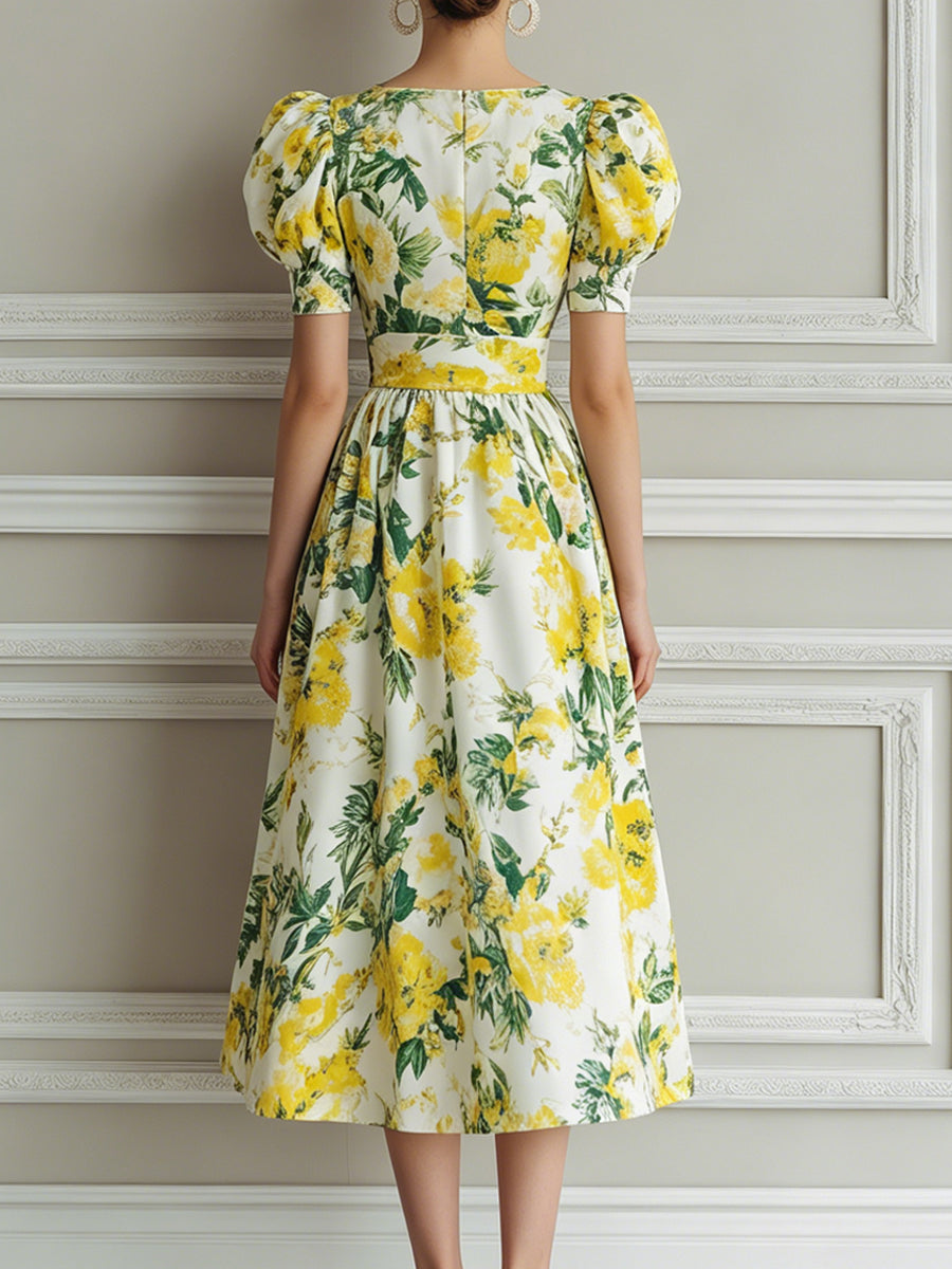Yellow Floral Print Puff Sleeve V-Neck Midi Dress
