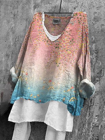 Women's Japanese Floral Gradient Art V-neck Linen Blend T-shirt