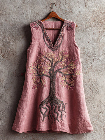 Vintage Pink Tree Of Life Embroidered Linen Tank Top
