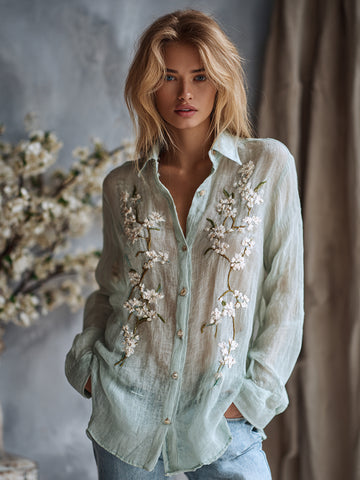 Women's Vintage Plum Bossom Embroidered Linen Long Sleeve Shirt