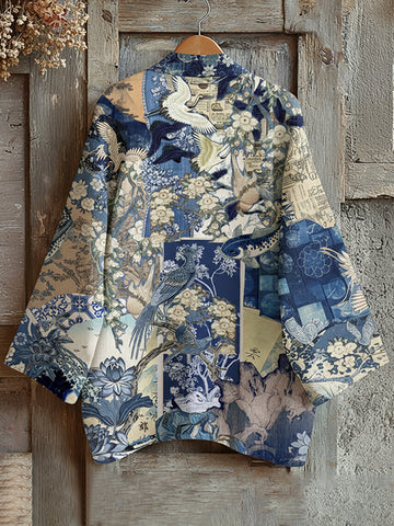 Retro Japanese Traditional Sashiko With Crane Art Print Cotton And Linen Blend Kimono Cardigan